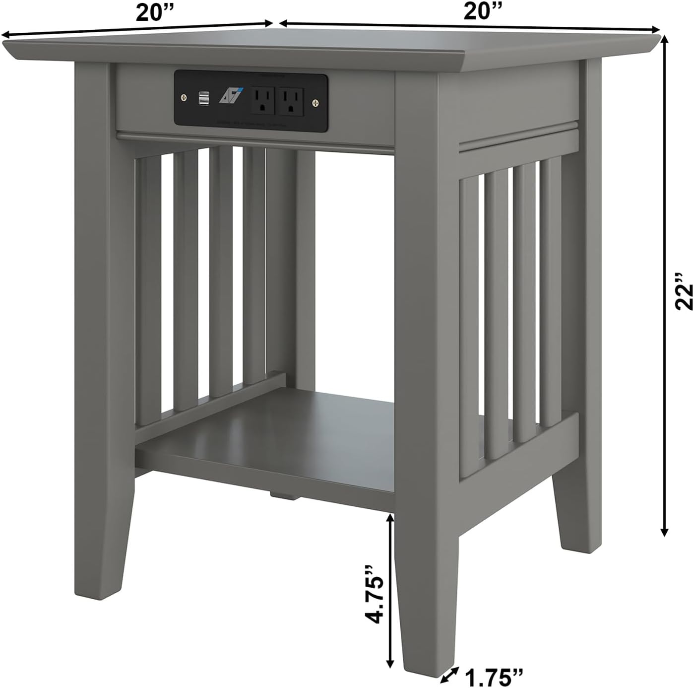 AFI, Mission End Table with Charging Station, Grey
