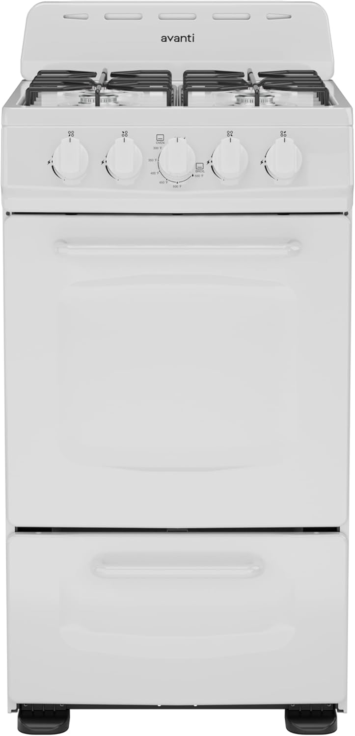 Avanti Gas Range Oven, Compact Freestanding Design, 4 Burners with Electronic Ignition, 2.1 Cu.Ft. Capacity Features Solid Door Storage Drawer Broiler and Accessories, 20-Inch, White