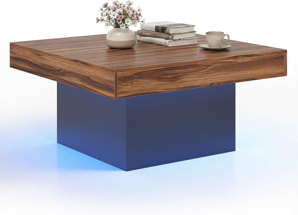 GOFLAME LED Coffee Table for Living Room, 35.5' Square Center Table with Storage, Adjustable Light Colors, Speed & Brightness, Remote Control, Farmhouse, Wooden Accent Tea Tables (Rustic Brown)