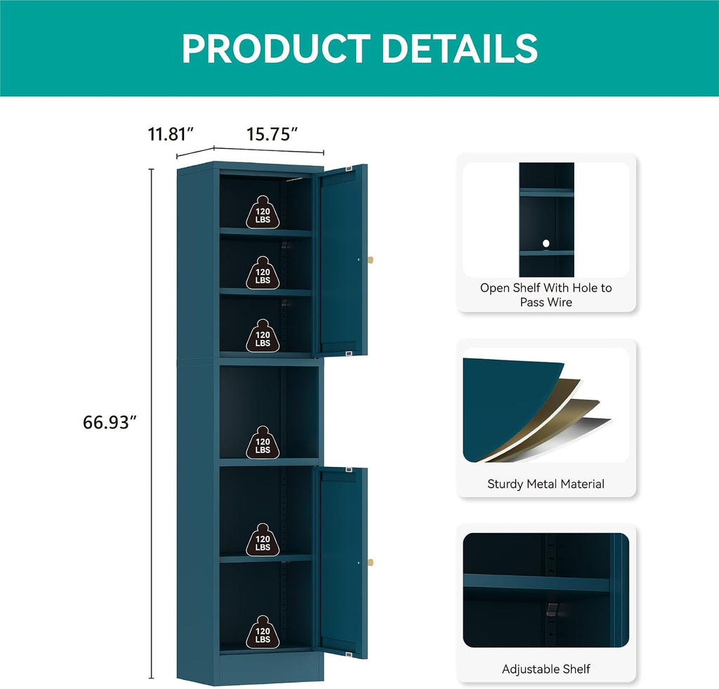 67' Tall Narrow Storage Cabinet with Doors and Open Shelf,Metal Pantry Cabinet,Shaker Style Slim Cabinet with Adjustable Shelves,for Bathroom Kitchen Laundry Small Spaces,Blue, 1Pc