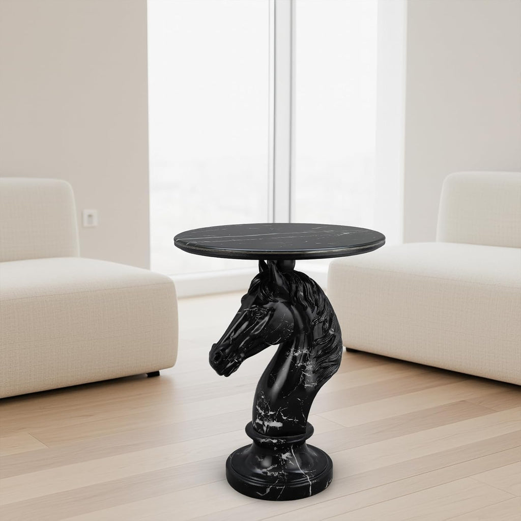 Modern End Table Living Room Horse Statue Black Contemporary‌ Faux Marble Night Stand Side Table with Horse Head Base Reception Area & Bedroom（Width 19.69' ——Tall 24.5'）