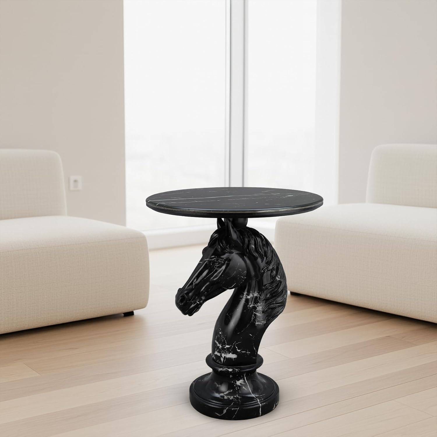 Modern End Table Living Room Horse Statue Black Contemporary‌ Faux Marble Night Stand Side Table with Horse Head Base Reception Area & Bedroom（Width 19.69' ——Tall 24.5'）