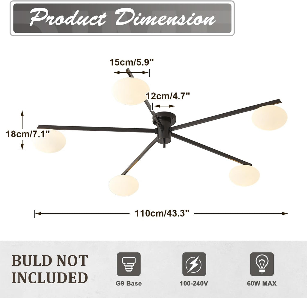 5 Lights Mid Century Modern Black Sputnik Semi Flush Mount Ceiling Light Vintage Glass Close to Ceiling Light Fixtures Industrial Metal Ceiling Chandelier Glass Globe Hall Light MCL05-BK