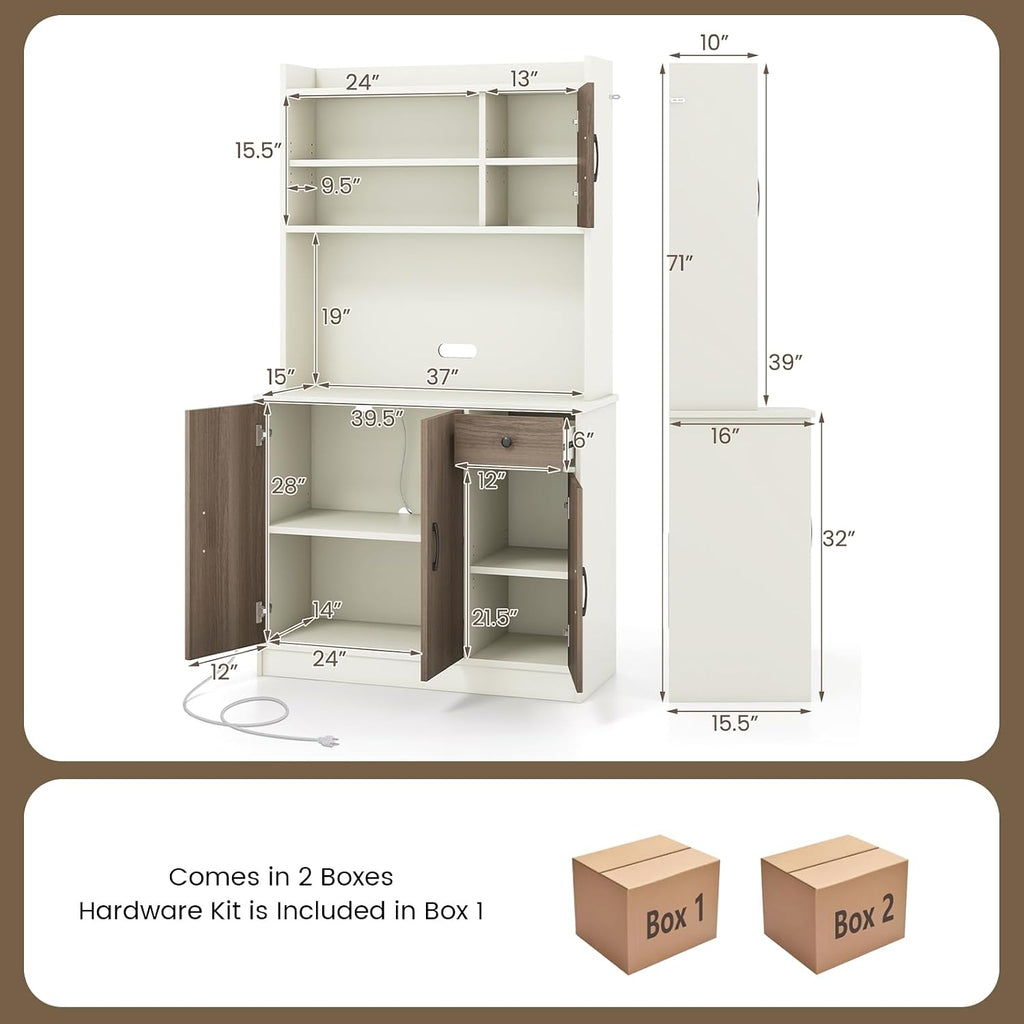 COSTWAY Kitchen Pantry Storage Cabinet, 71' Freestanding Tall Hutch Cabinet with Charging Station, Microwave Stand, Adjustable Shelves, Modern Buffet Cabinet with Hutch for Dining Room, Kitchen, White