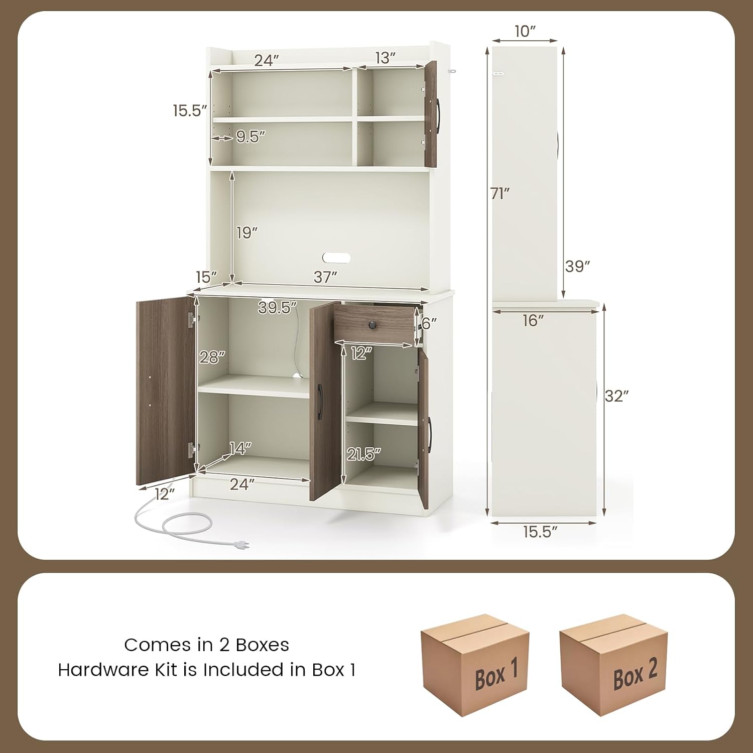COSTWAY Kitchen Pantry Storage Cabinet, 71' Freestanding Tall Hutch Cabinet with Charging Station, Microwave Stand, Adjustable Shelves, Modern Buffet Cabinet with Hutch for Dining Room, Kitchen, White