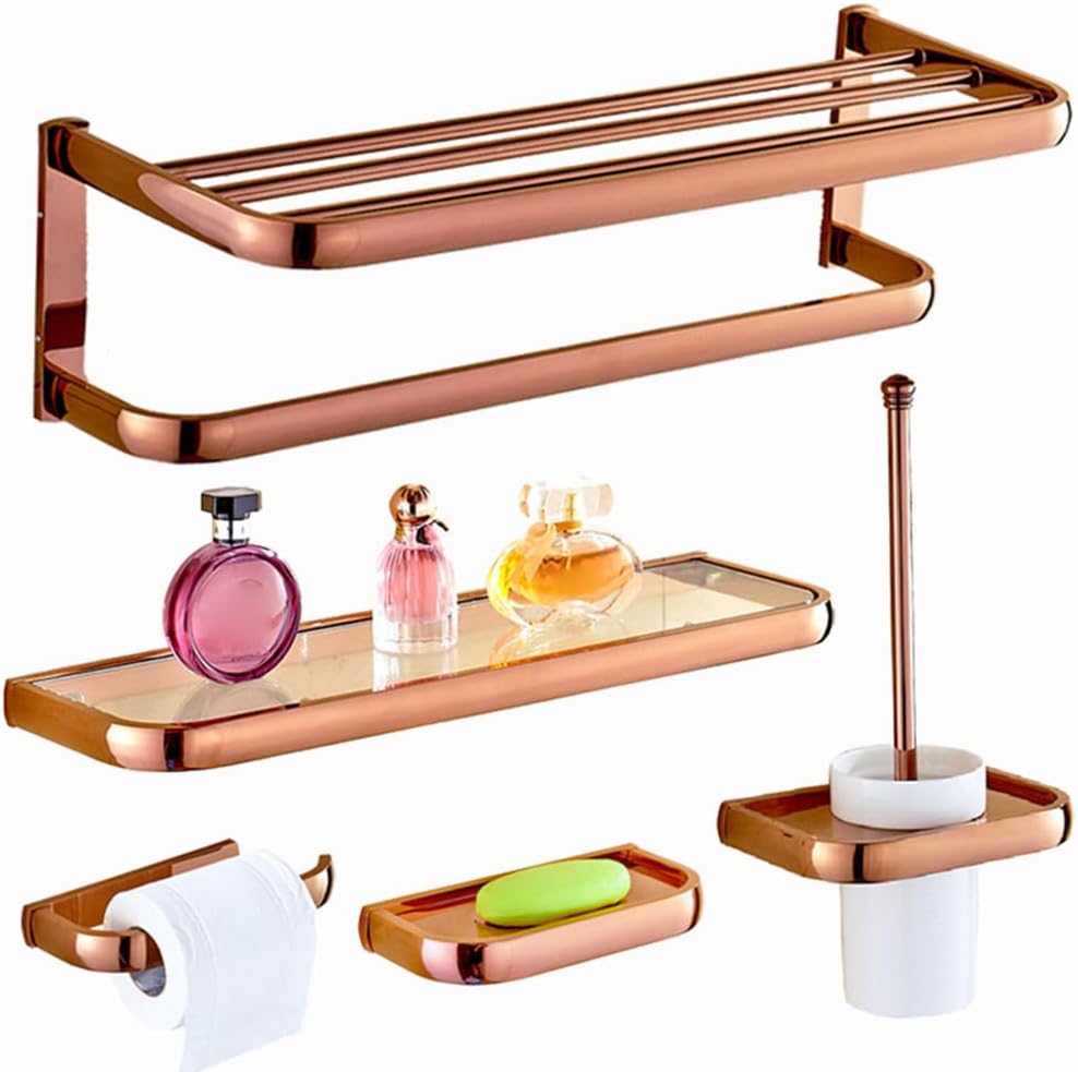 Bathroom Accessories Set,Towel Rack Set,Rose Gold Brass Bath Towel Rack Set Bathroom Towel Rack Toilet Wall Hanging Bathroom Pendant Towel Stand Bathroom Hardware,5 Piece Set