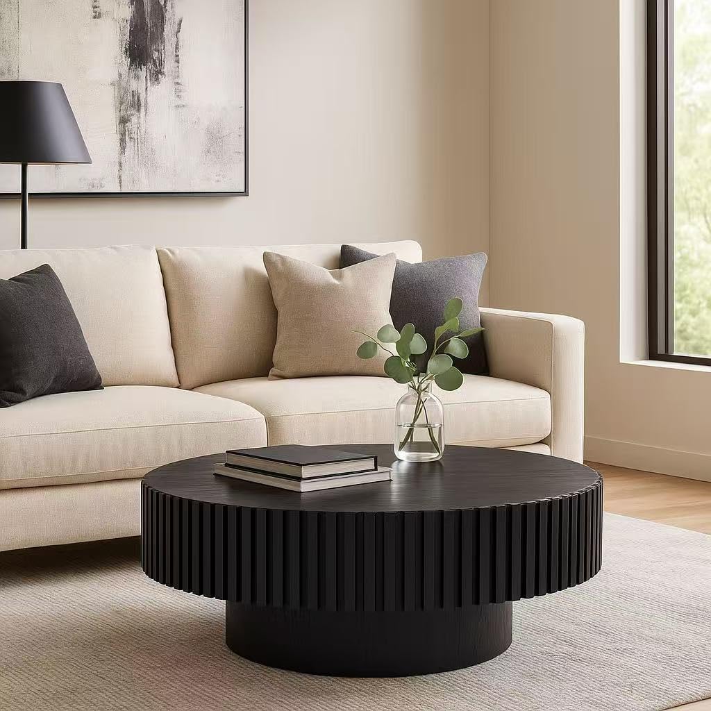 Round Coffee Modern Fluted Coffee Table Pedestal Circle Center Table for Living Room Apartment, ø31.49'', Black