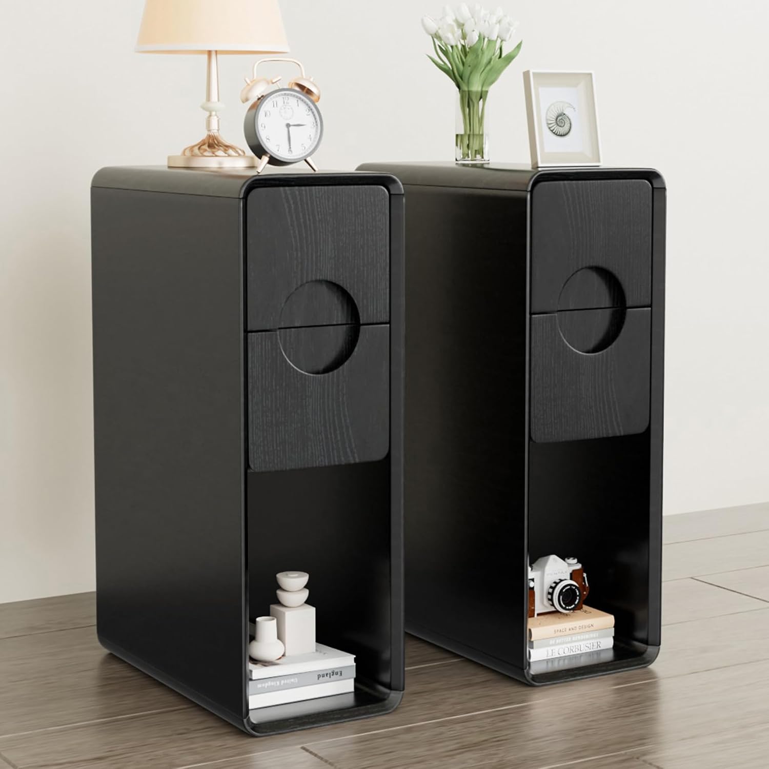 Black Small Nightstand Set of 2, Narrow Bedside Table with Circular Drawer, Skinny Side End Table, Wood Nightstand, Mid Century Modern Night Stand for Bedroom, Small Spaces, Slim, Wooden