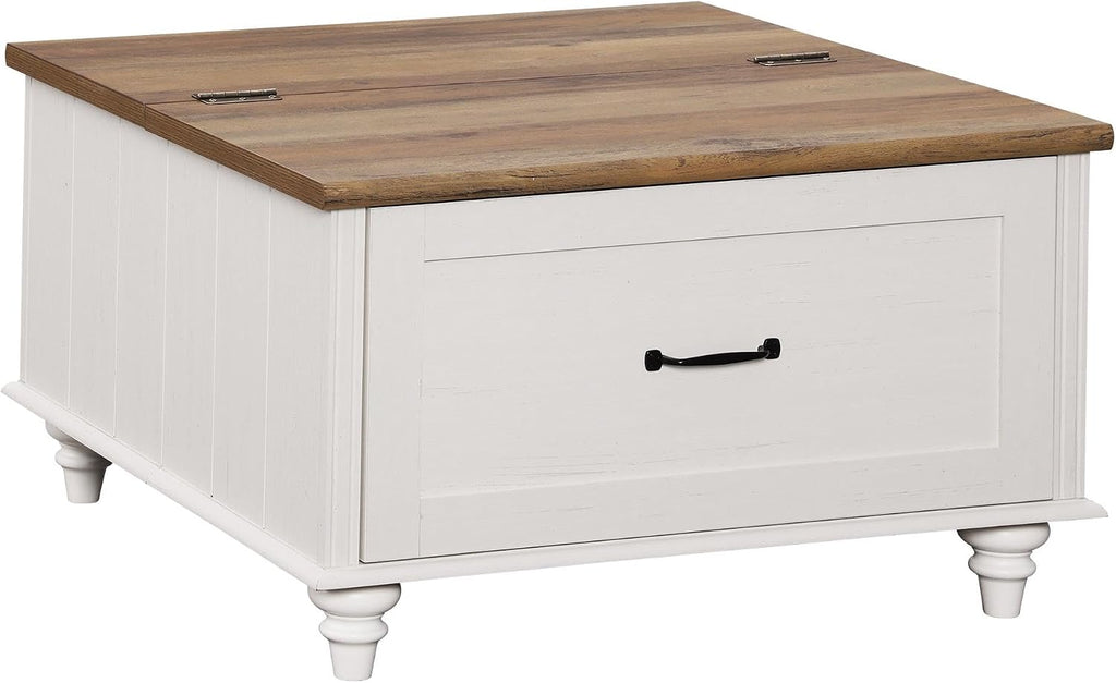 WAMPAT White Coffee Table with Lift Top & Drawer, Square Center Table with Hidden Storage Compartment, Farmhouse Wood Coffee Table for Living Room, 30 Inch
