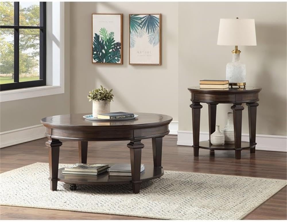 Pemberly Row 40' Round Wooden Coffee Table, Espresso Finish, Birch Veneer and MDF, Open Bottom Shelf, Casters for Easy Movement, Traditional Style Living Room Furniture