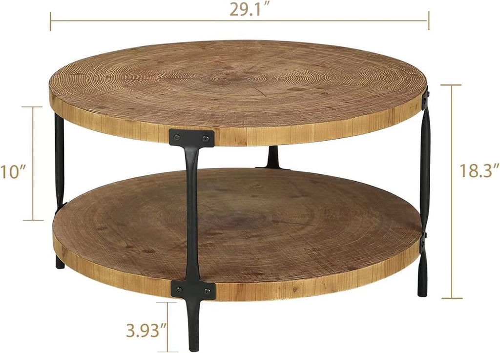 Awescuti Round Boho Wood Coffee Table - 29.1' Farmhouse Natural Circle Wooden 2-Tier Coffee Tables Living Room Furniture, 29.1' D x 18.3' H, Natural Wood Color
