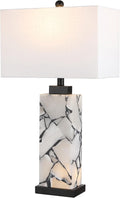 JONATHAN Y 27.5' Black White Alabaster Rectangular Table Lamp with Night Light Contemporary Coastal Bedside Lamp for Bedroom with White Linen Shade LED Bulbs Included JYL6201B