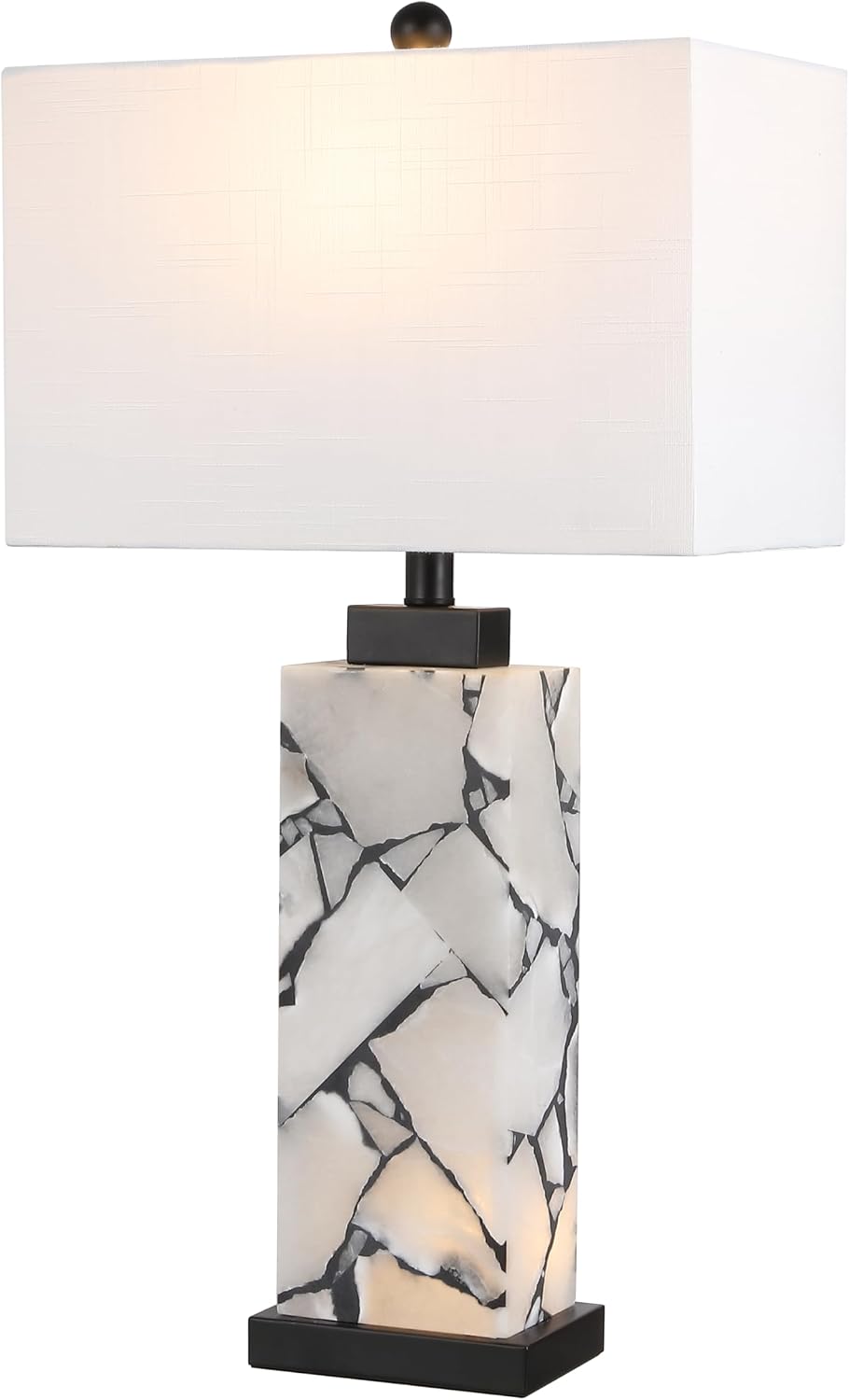JONATHAN Y 27.5' Black White Alabaster Rectangular Table Lamp with Night Light Contemporary Coastal Bedside Lamp for Bedroom with White Linen Shade LED Bulbs Included JYL6201B