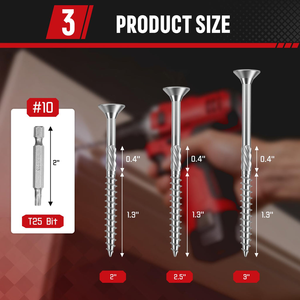 #10x2-1/2 Inch 304 Stainless Steel Deck Screws 1000 PCS - Corrosion-Resistant Outdoor Wood Fasteners for Fences, Decks, Wood Project - T25 Star Drive Bit