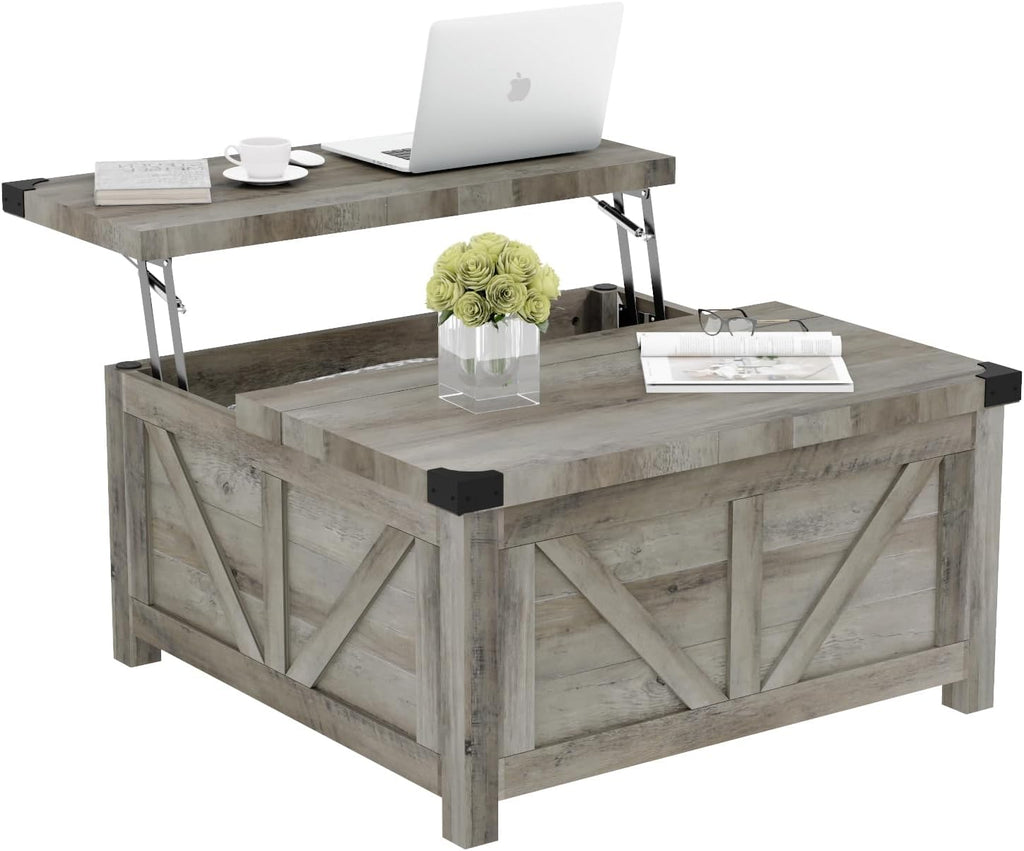 jimeimen Farmhouse Lift Top Coffee Table with Storage, Wood Square Center Table with Charging Station&USB Port, Living Room Table w/Large Hidden Space, for Living Room, Bedroom, Home Office, Grey