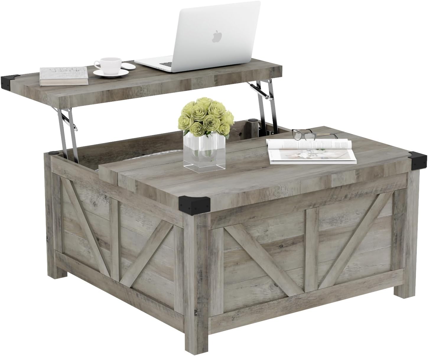 jimeimen Farmhouse Lift Top Coffee Table with Storage, Wood Square Center Table with Charging Station&USB Port, Living Room Table w/Large Hidden Space, for Living Room, Bedroom, Home Office, Grey