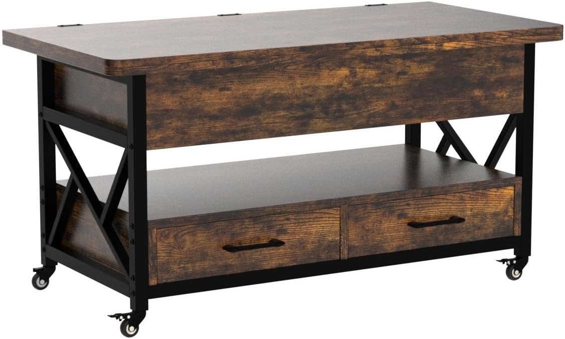 Itaar 40' Lift Top Coffee Table, 4 in 1 Coffee Tables with Storage for Living Room, Small Farmhouse Coffee Table with 2 Drawers & LED Light for Dining Reception Room, Rustic Brown