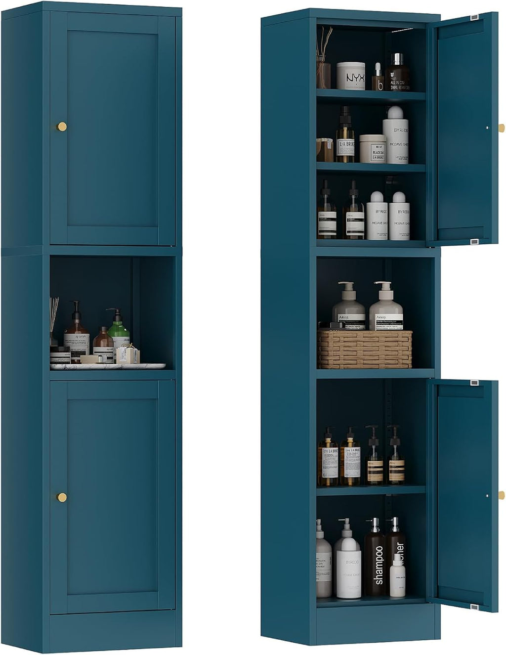67' Tall Narrow Storage Cabinet with Doors and Open Shelf,Metal Pantry Cabinet,Shaker Style Slim Cabinet with Adjustable Shelves,for Bathroom Kitchen Laundry Small Spaces,Blue, 1Pc