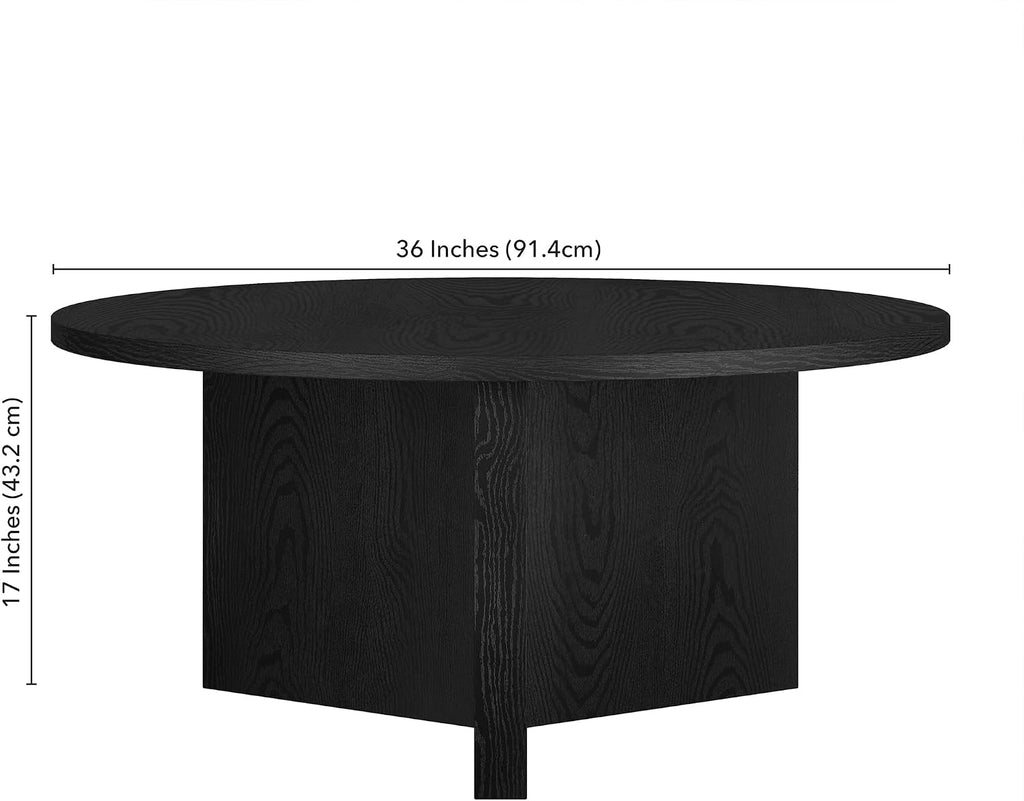 Henn&Hart 36' Round Wood Pedestal Coffee Table for Living Room, Family Room, Office, or Apartment, Natural Black