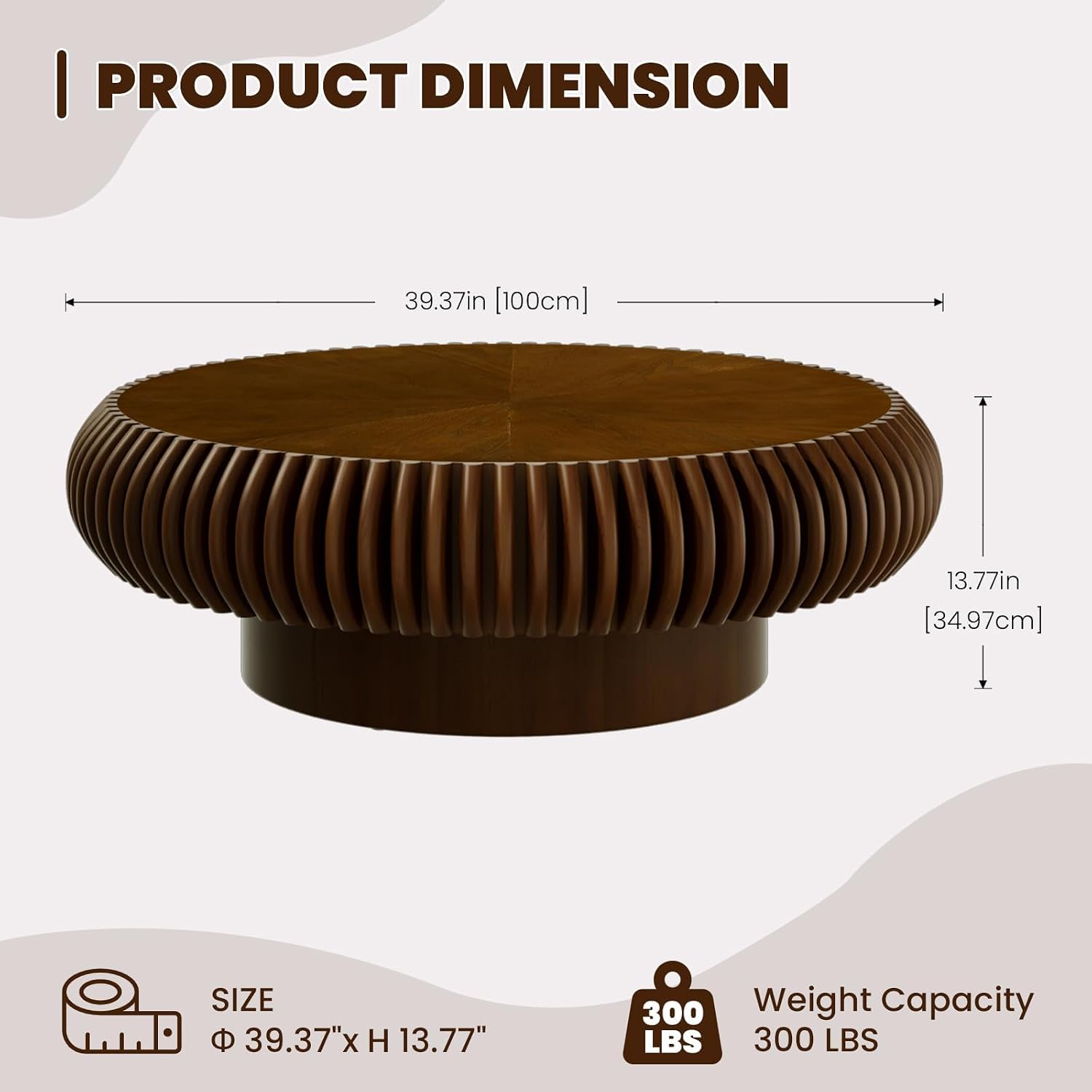 Round Drum Coffee Table for Living Room, Mid Century Modern Coffee Table with Sturdy Pedestal, Farmhouse Fluted Circle Center Table Accent Tea Table for Apartment (Large Walnut)