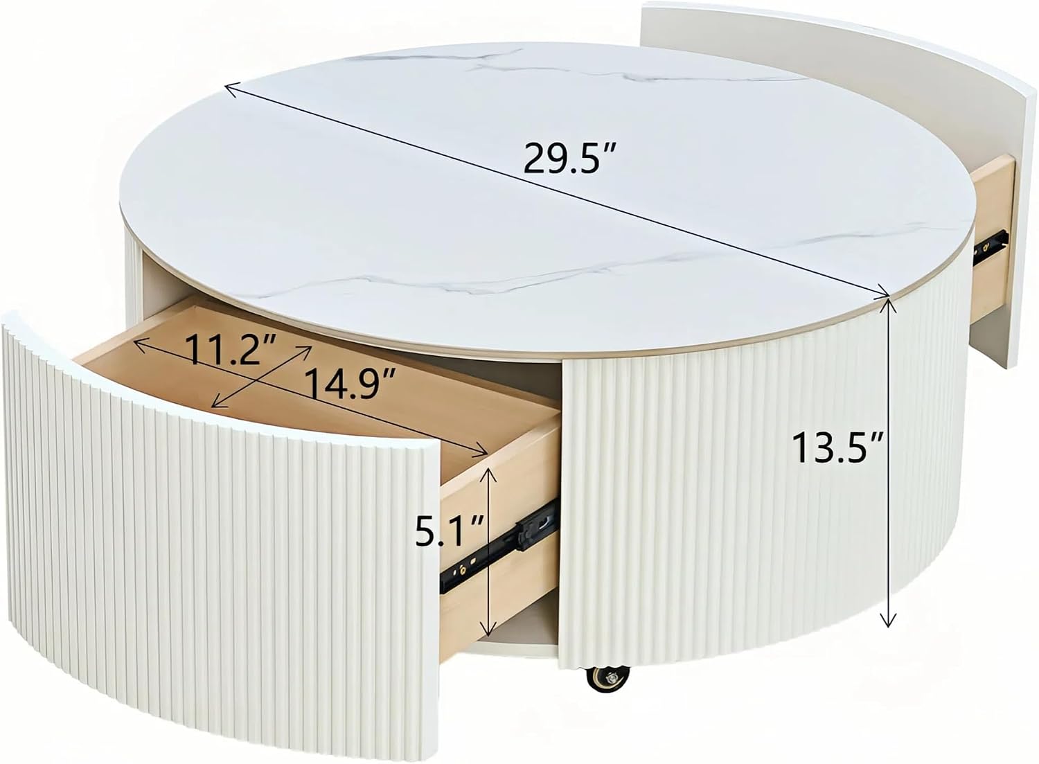 Merax 29.5' Round Fluted Coffee Table for Living Room, Movable Accent Table with Casters and 2 Storage Drawers, Marble Pattern Sintered Stone Top, White