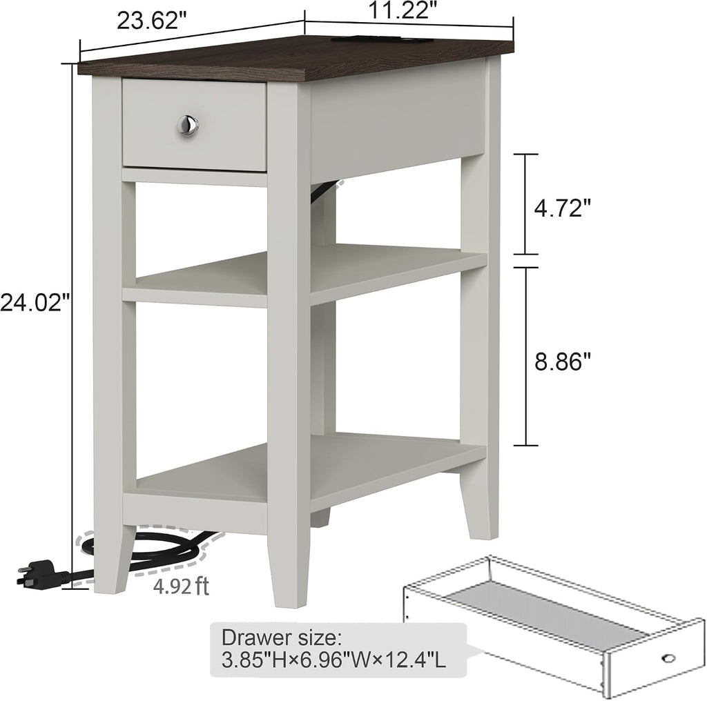 ChooChoo Farmhouse end Table Living Room Set of 2, Sofa Side Table Living Room with Charging Station,Narrow Night Stand with USB Ports & Power Outlets and Hidden Drawer