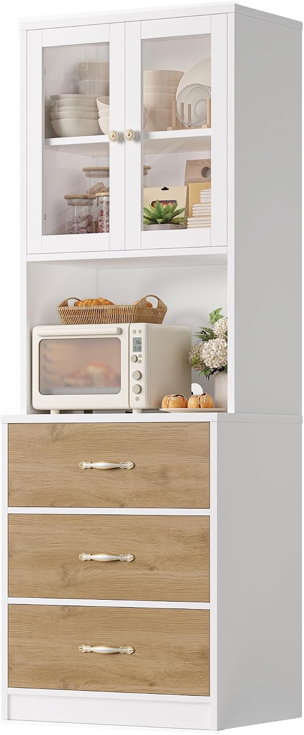 Keyluv 71' Tall Kitchen Pantry Storage Cabinet with Microwave Stand, Buffet Kitchen Hutch with Shelves and Drawers, Wood Coffee Bar Pantry Cabinet with Glass Doors, for Dining Room/Small Space, Khaki