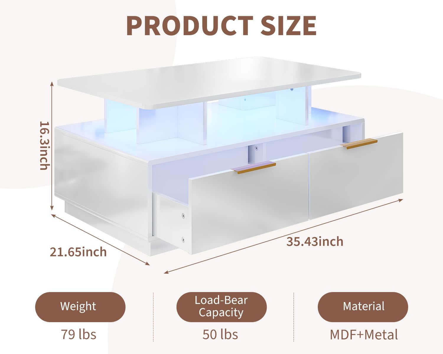 GarveeHome High Gloss LED Coffee Table,35' Modern High Glossy Wood CocktailCoffee Tables with Storage,2-Tier Living Room Table Center Tables with 4 Drawers&Open Shelf,Sofa Table for Home/Office(White