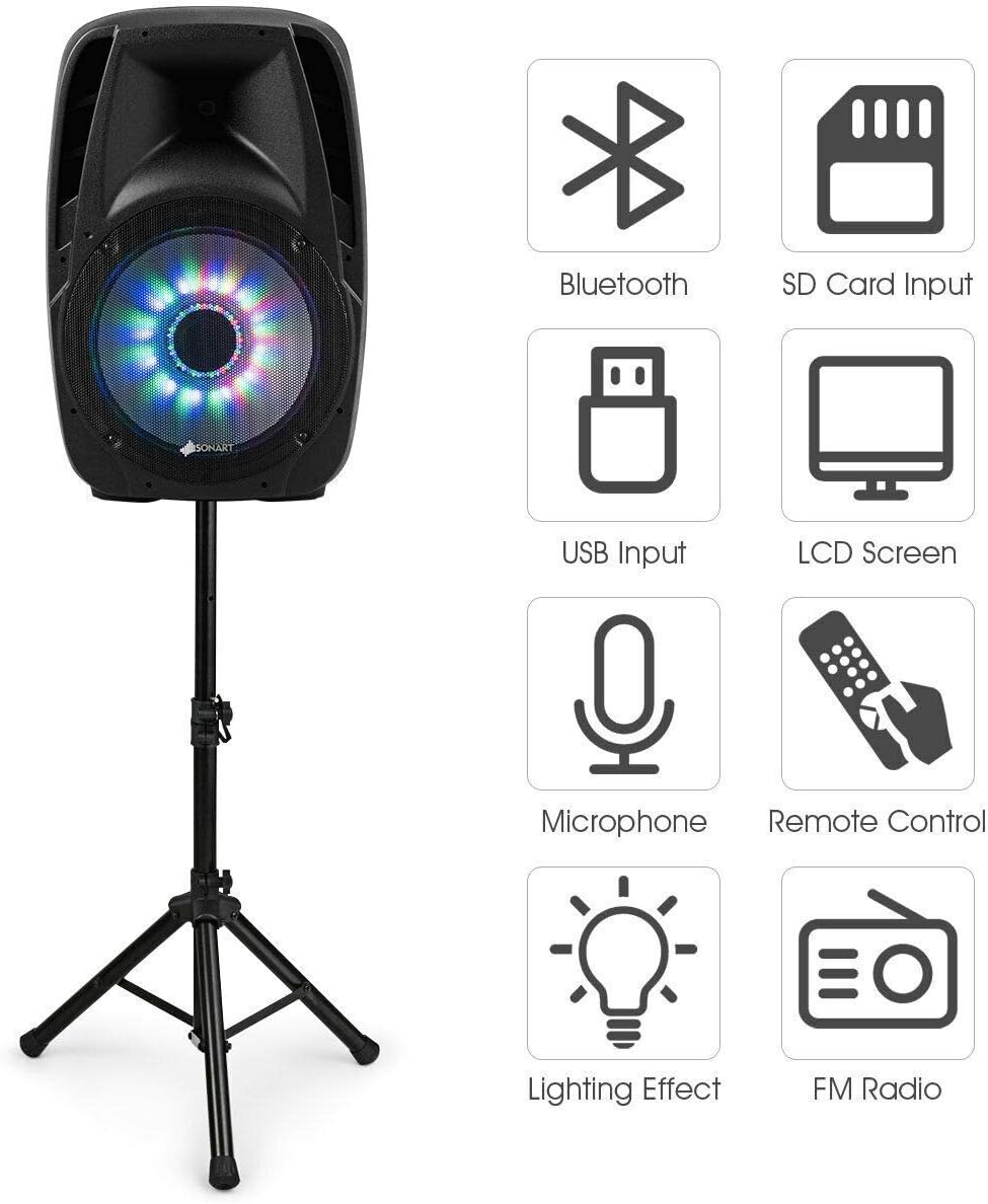 Sonart 15' 1500W Powered Speakers, 2-Way Full Range Portable PA Speaker System Combo Set With Stands/Illuminating Light/Microphone/EQ/USB/Bluetooth