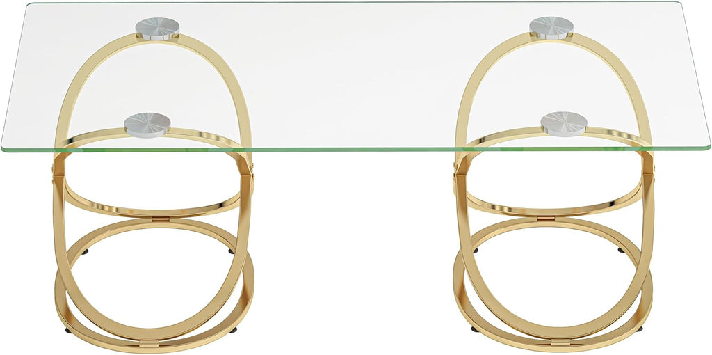 47' Rectangle Coffee Table with Tempered Glass Tabletop, Modern Gold Ring Base, Luxury Living Room Center Table