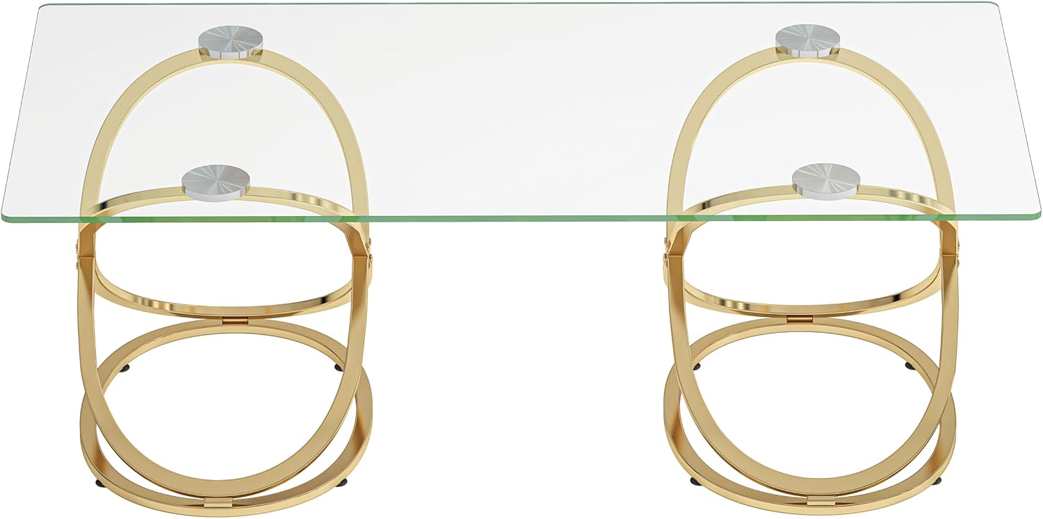 47' Rectangle Coffee Table with Tempered Glass Tabletop, Modern Gold Ring Base, Luxury Living Room Center Table
