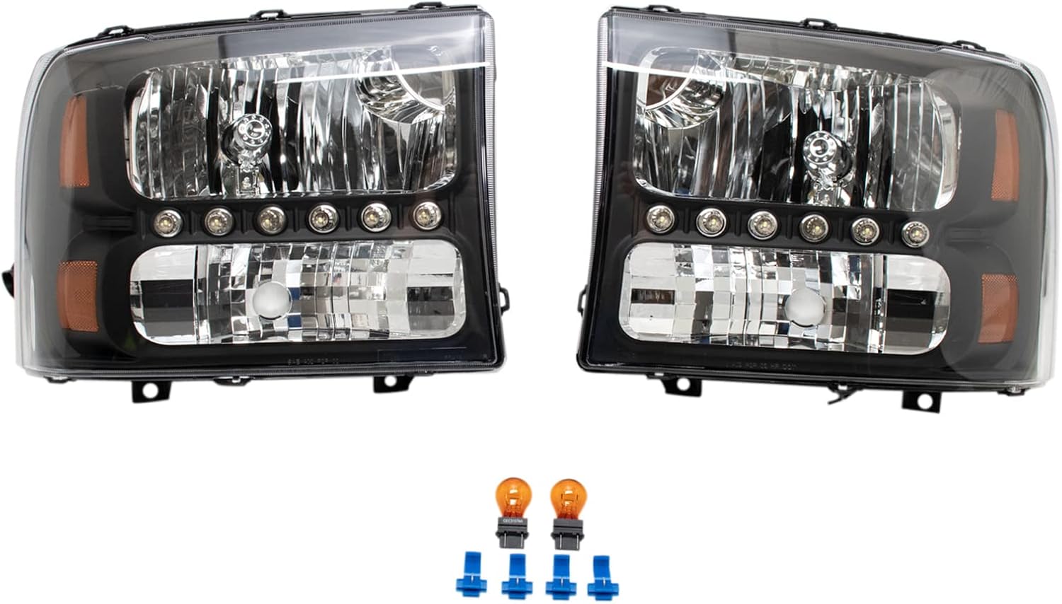 TRQ 2 Piece Headlight Assembly Set Performance LED Daytime Running Lights Black Bezel Driver & Passenger Side Compatible with Ford Excursion 2000-2004 F250 F350 1999-2004 F450 F550 1999-2003