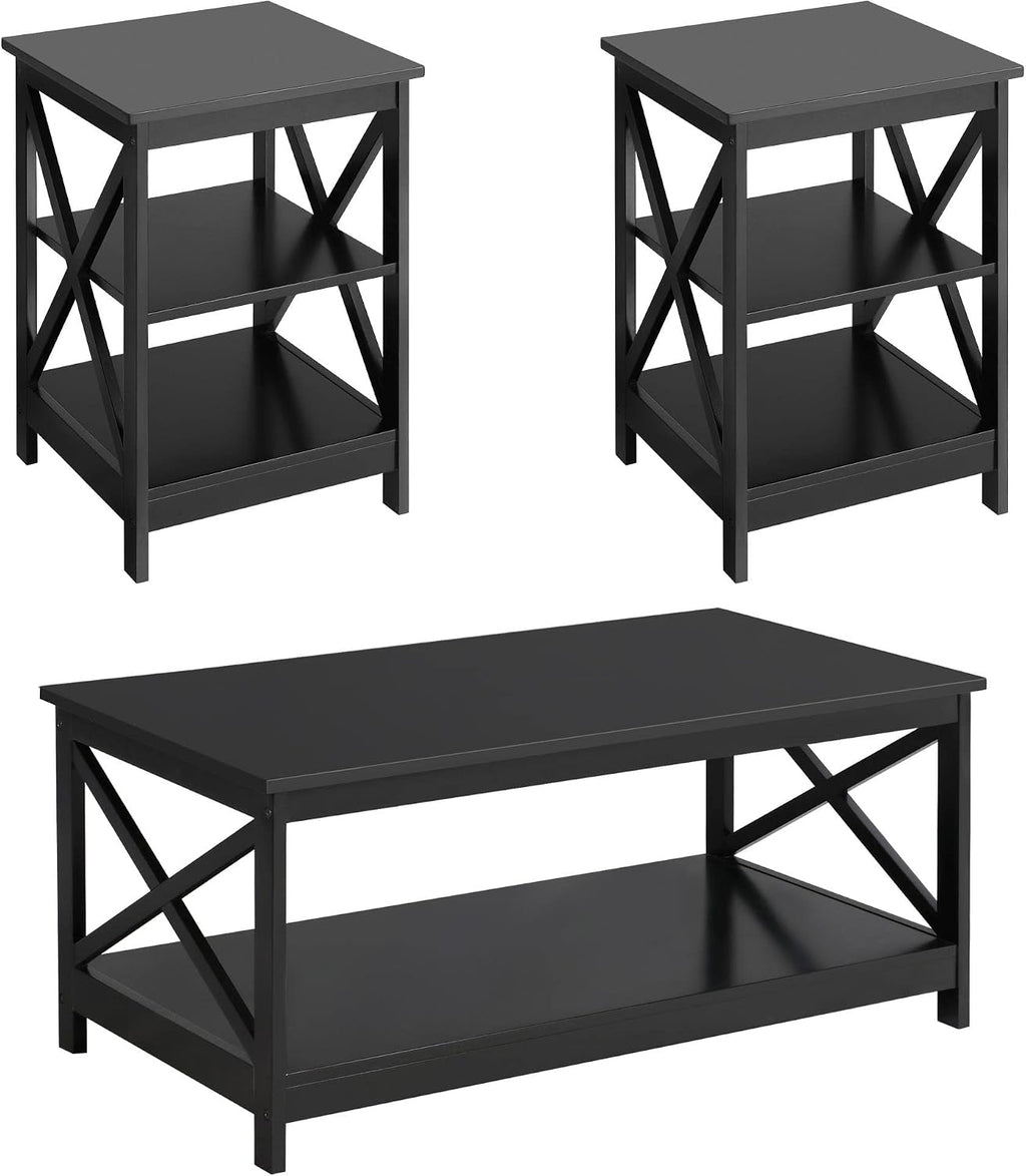Yaheetech Wood Living Room 3-Piece Table Sets - Includes X-Design Coffee Table & Two 3-Tier End Side Tables, Easy Assembly Home Accent Furniture, Black