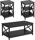Yaheetech Wood Living Room 3-Piece Table Sets - Includes X-Design Coffee Table & Two 3-Tier End Side Tables, Easy Assembly Home Accent Furniture, Black