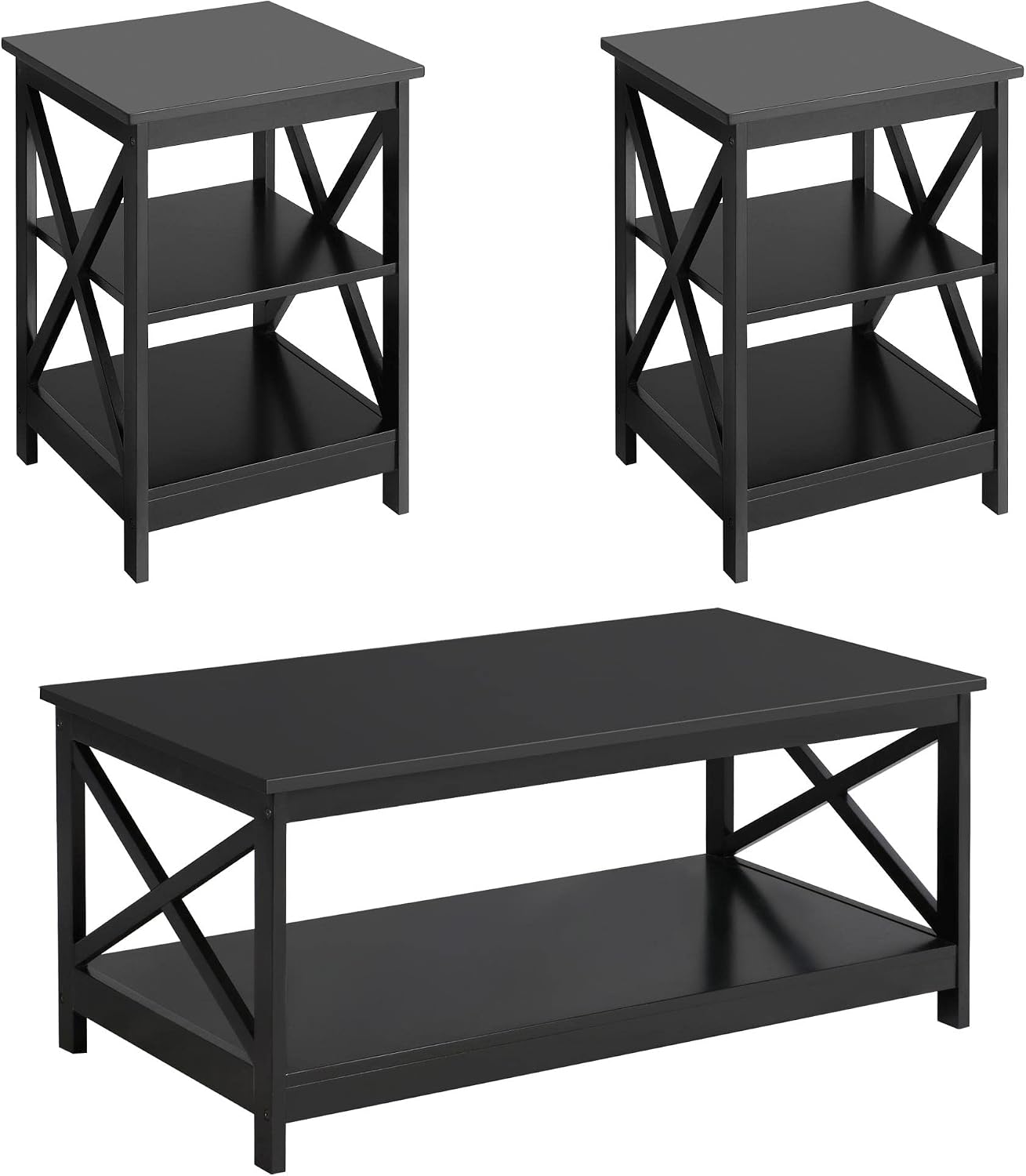 Yaheetech Wood Living Room 3-Piece Table Sets - Includes X-Design Coffee Table & Two 3-Tier End Side Tables, Easy Assembly Home Accent Furniture, Black