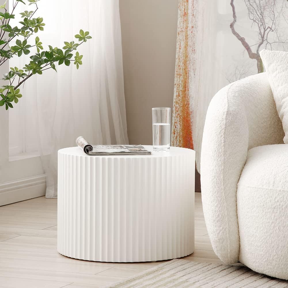 Round Nesting Coffee Table Set of 2, 23.6' MDF Nesting Tables with Roman Column Design, Modern Handcrafted Wooden Drum Accent Tables for Living Room, No Assembly Required (White)