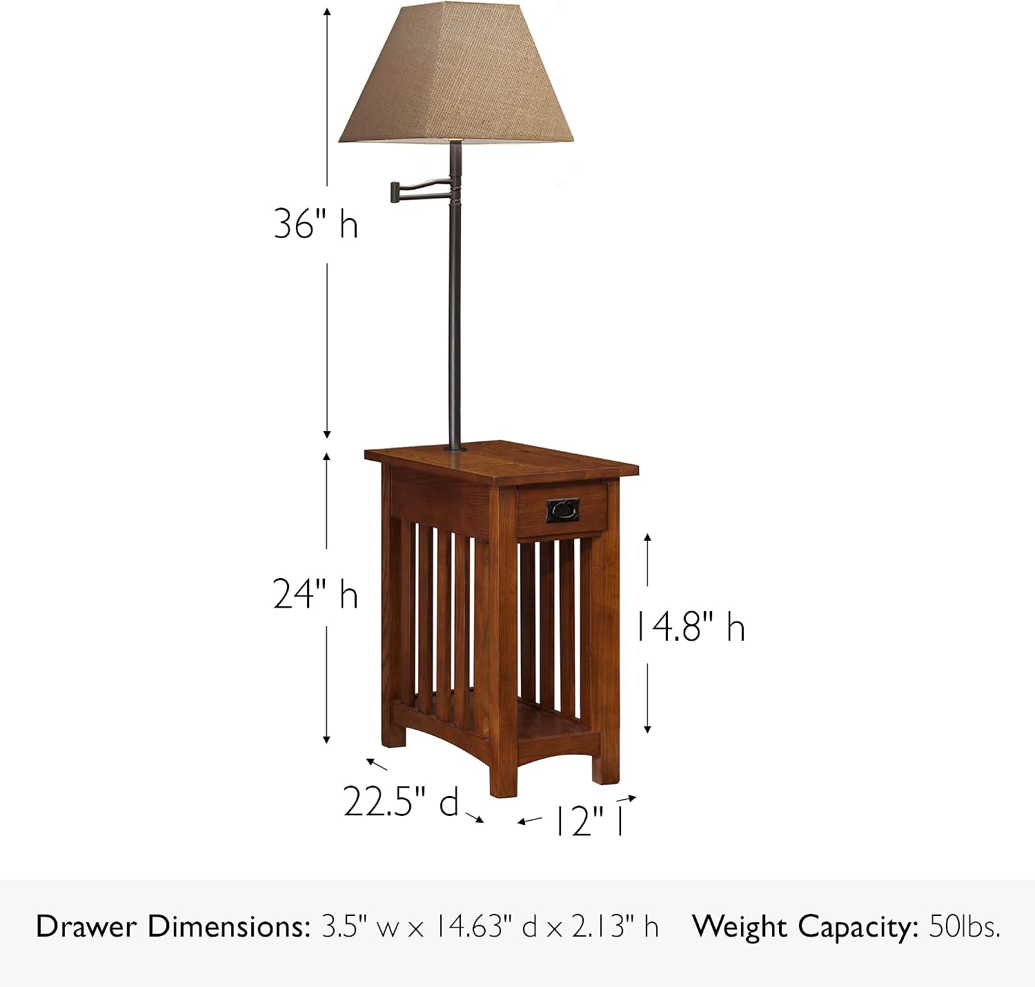 Leick Home Mission End Table, Solid Wood, Built-In-Lamp, 1 Drawer, Bottom Display Shelf, Slatted Sides, Easy-Assembly, Medium Oak, 22.5 in. L x 12.0 in. W x 60.0 in. H, 10028