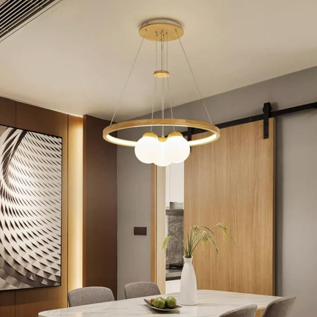 Ceiling Light Bedroom Wood Ring+3/6 Lights Adjustable LED Ceiling Hanging Lamp White Globe Shade Chandelier Hanging Light Kitchen Island Hotel Pendant Lamp Fixture for Living Room