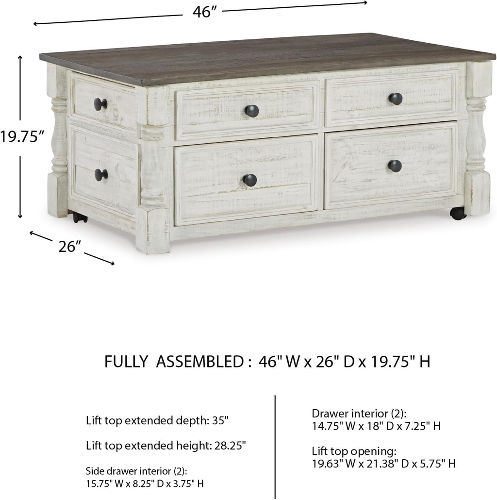 Signature Design by Ashley Havalance Farmhouse Lift Top Coffee Table with 4 Storage Drawers and Small Storage Tray, Whitewash