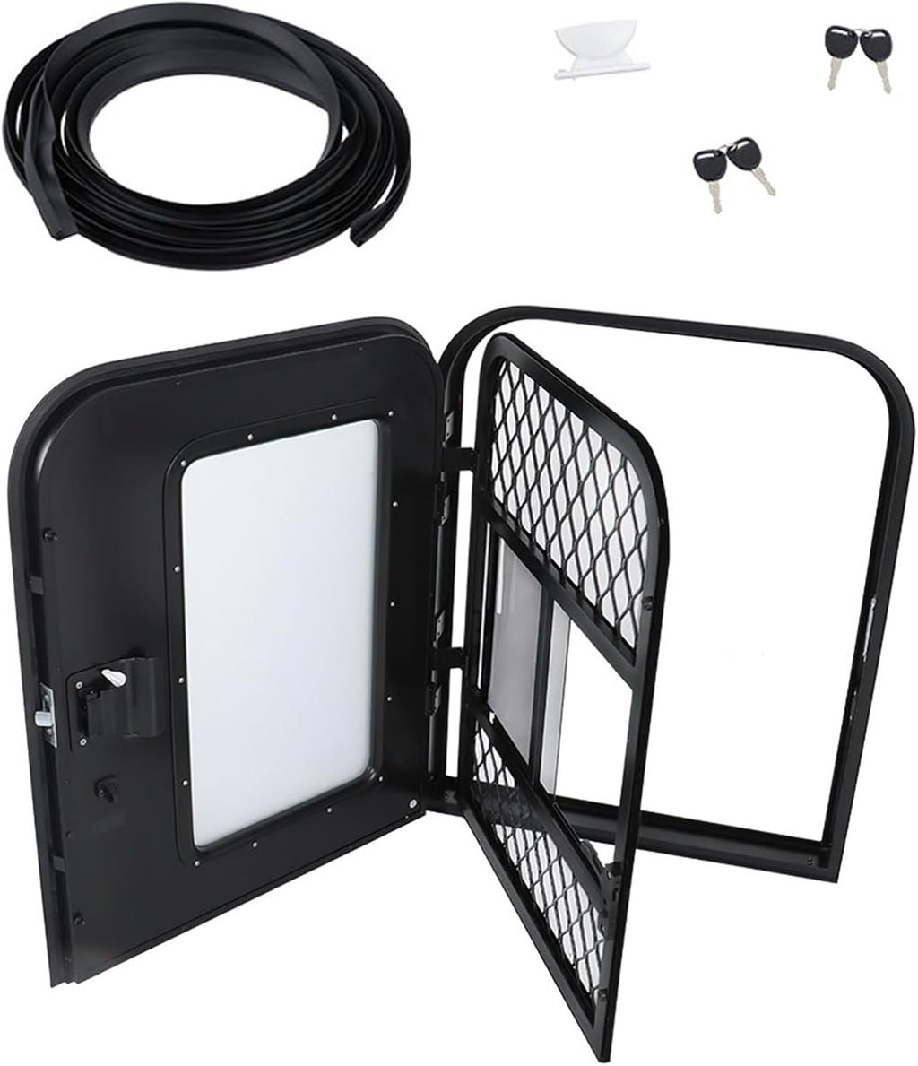 labwork Driver RV Entry Door with Radius Corners on Top and Square Bottom with Screen Door and Window 26(W) × 32(H) Black