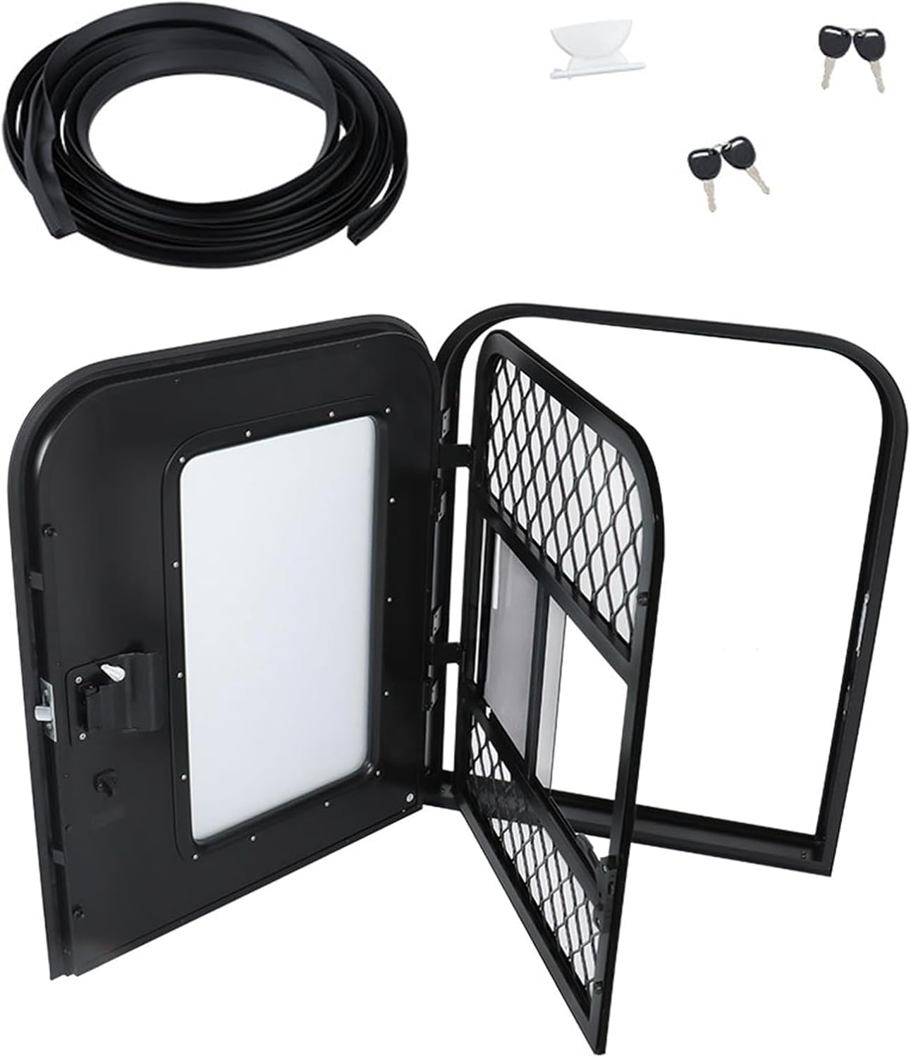 labwork Driver RV Entry Door with Radius Corners on Top and Square Bottom with Screen Door and Window 26(W) × 32(H) Black