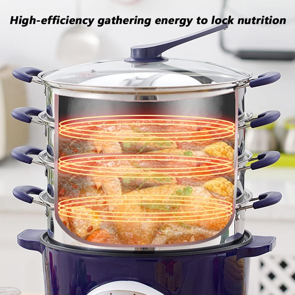 Multi-Function Electric Food Steamer, 3-Layer Stainless Steel Steamer with Glass Lid Silicone Handle for Cooking Food Warmer (Purple)