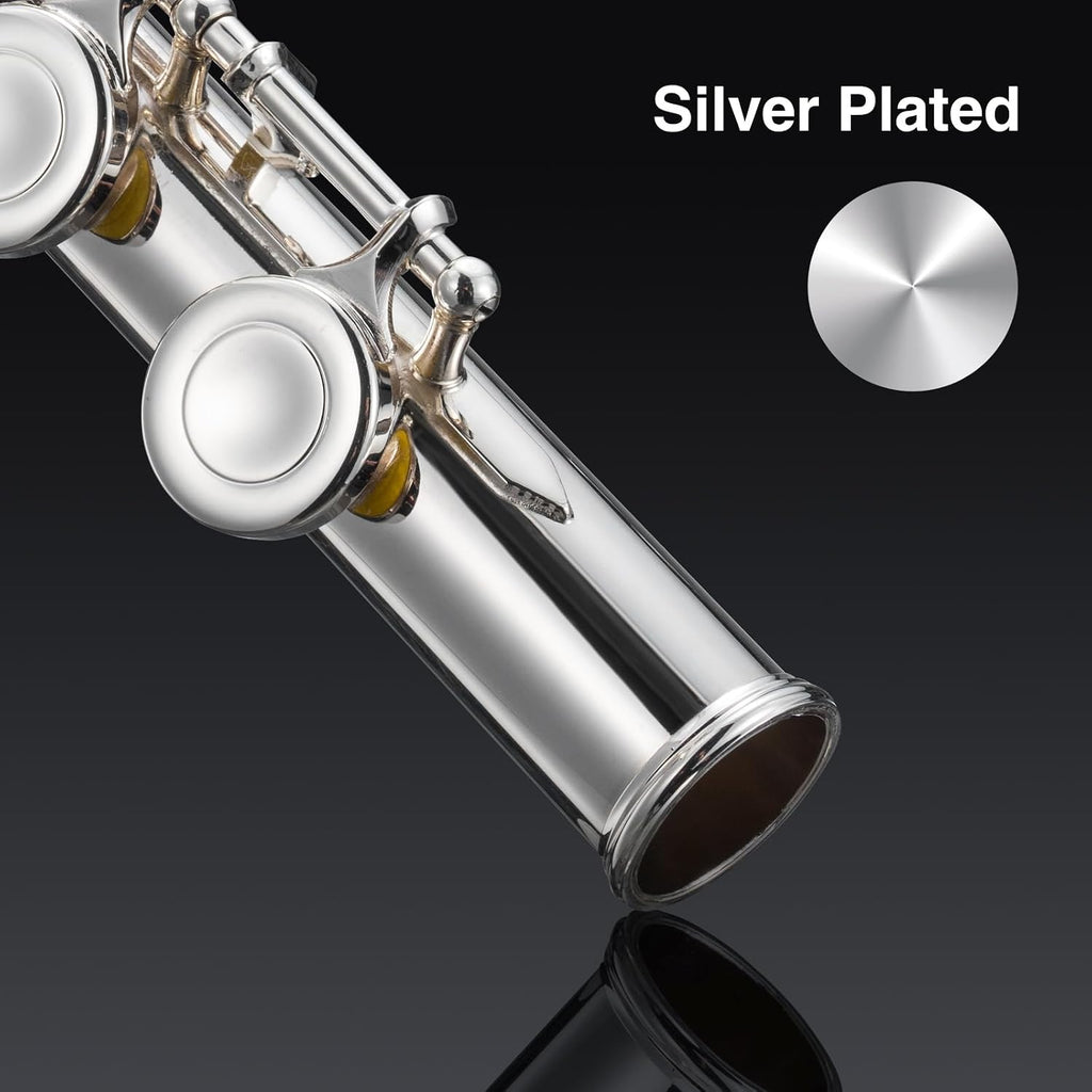 POGOLAB Open Hole C Flute, 16 Keys Student Flute Instrument for Beginner Advanced Player, with Carry Bag, Strap, Gloves, Adjustment Screwdriver, Cleaning Kit (Open/Closed Hole, Silver Plated)