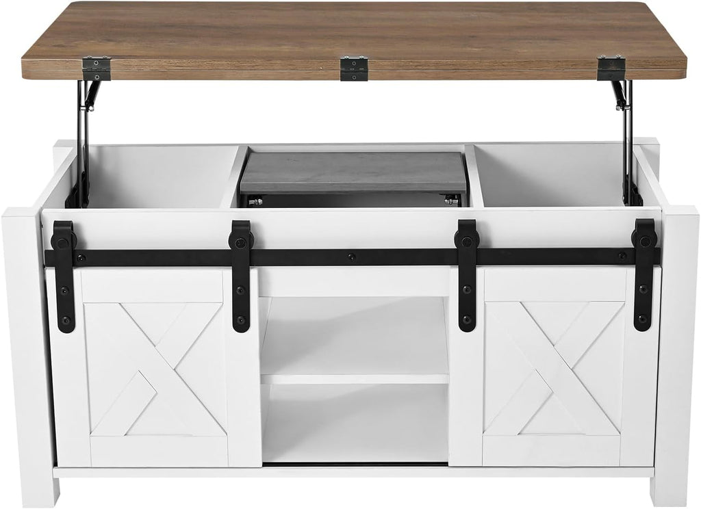 VEVOR 39.4 in Farmhouse Lift Top Coffee Table, Rustic Center Table with Barn Door and Hidden Storage Compartment, Modern Rectangle Lifting Tabletop for Living Room, Office, Home, Easy Assembly, White