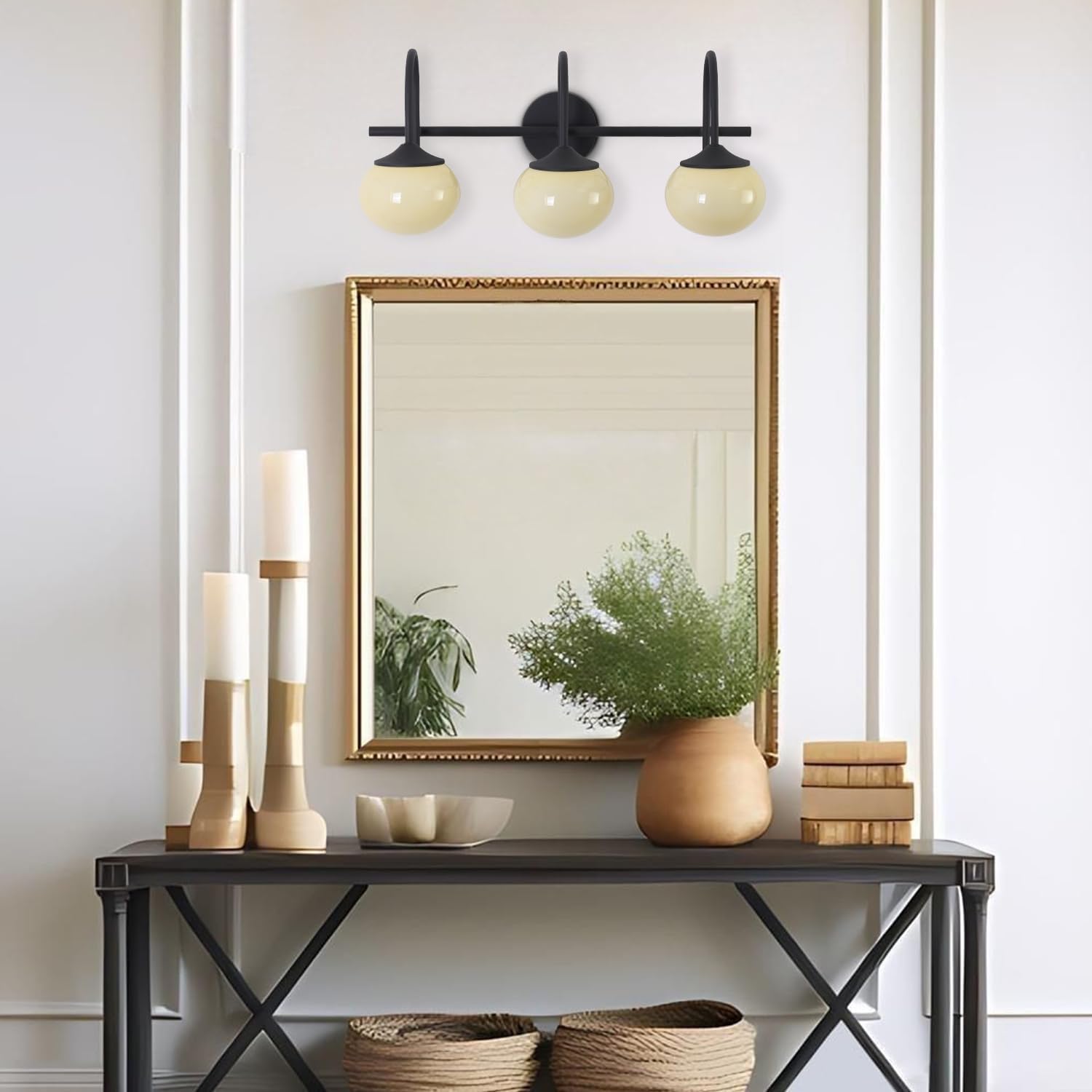 BOKT Black Bathroom Vanity Light Bathroom Wall Lights Over Mirror Farmhouse Globe Wall Sconce Lighting Vintage Cream Yellow Glass Shade Vanity Light E26 Base Restroom Lighting Fixtures