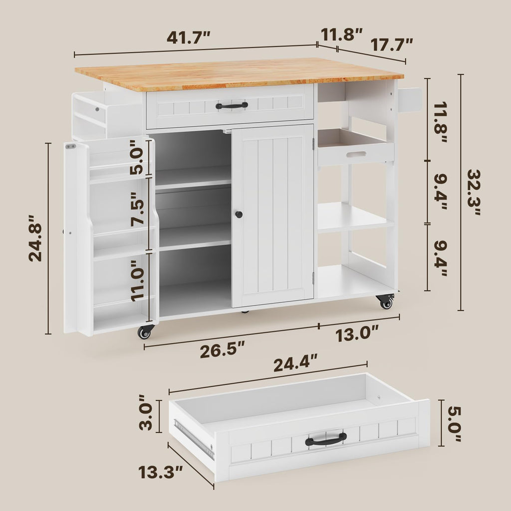 Gizoon Update Kitchen Island, 41.7' W Kitchen Island with Storage, Rolling Island Table on 5 Wheels, with Drop Leaf, Refrigerator Door, Adjustable Shelf, Spice/Towel Rack, Removable Tray, White