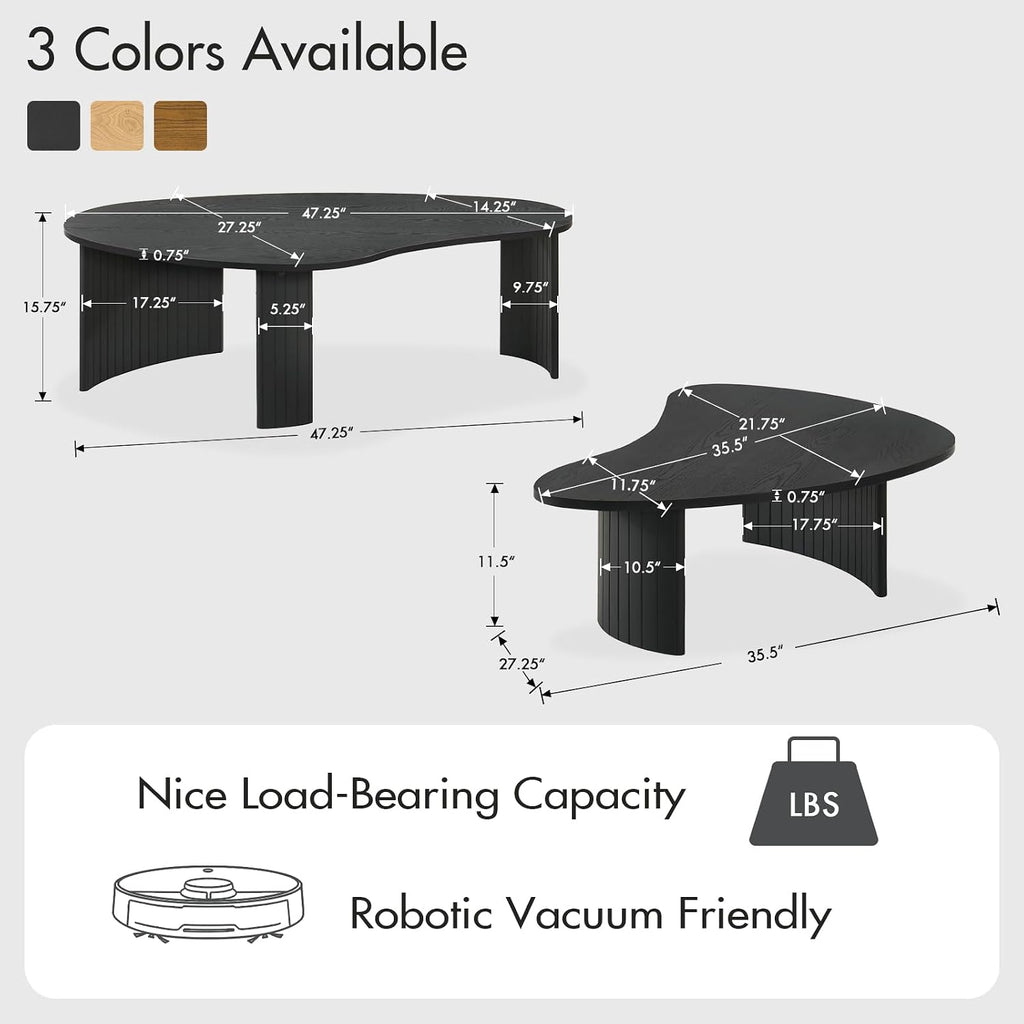 Hyfirm 2-Piece Irregular Mango Nesting Coffee Table Set, Black Solid Wood Coffee Tables with Fluted Legs, Modern Minimalist Accent Tables for Living Room, Bedroom & Small Apartments