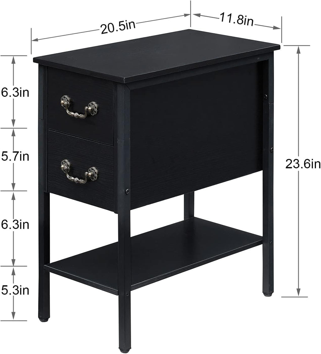 VECELO End Tables,Narrow Nightstand with Drawers and Storage Shelf,Modern Night Stand for Small Spaces, Living Room,Bedroom，Black