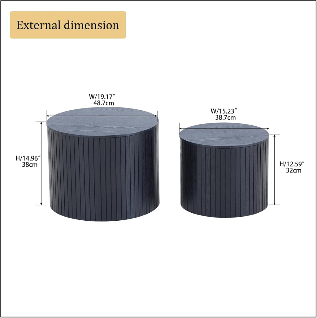 Nesting Coffee Table Set of 2,Modern Round Wooden Coffee Tables with Storage,Luxury Fluted Side Table Accent End Table for Small Space Living Room Apartment (19.17')