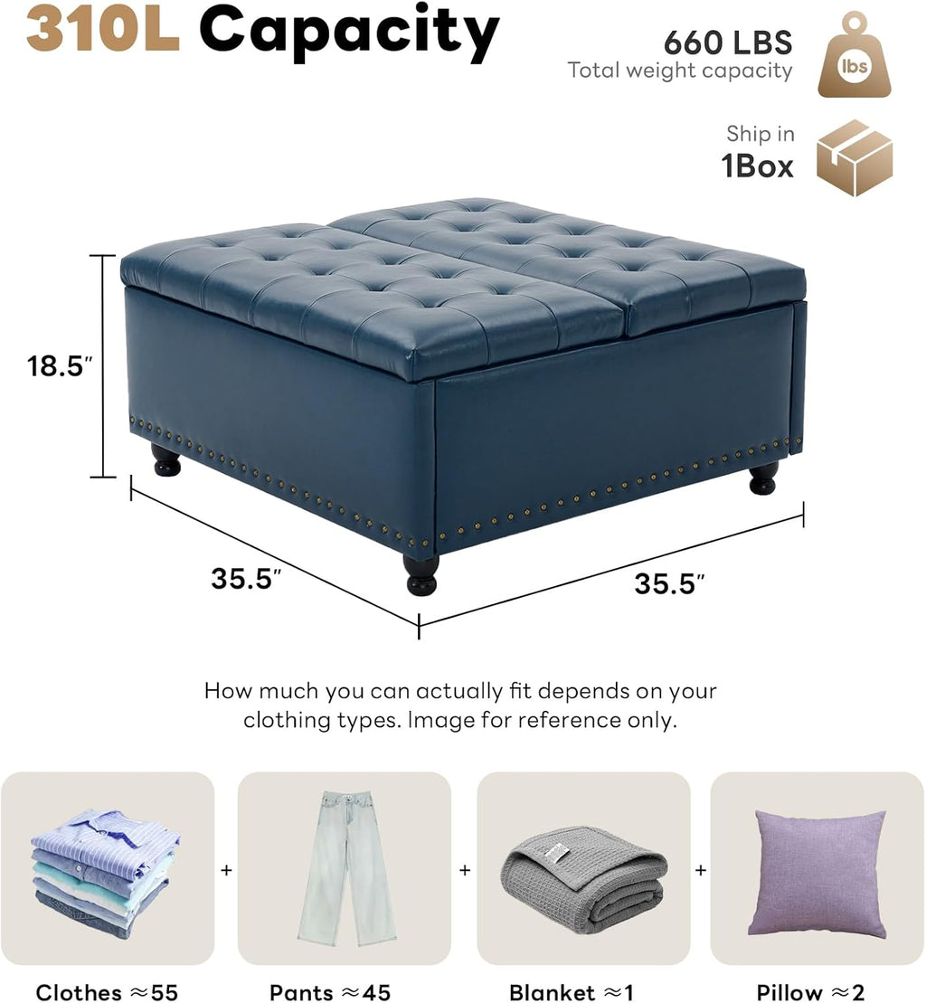 Tbfit Large Square Storage Ottoman Bench, Tufted Upholstered Coffee Table Ottoman with Lift Top & Wooden Legs, Oversized Storage Ottomans Toy Box for Living Room (Blue PU)